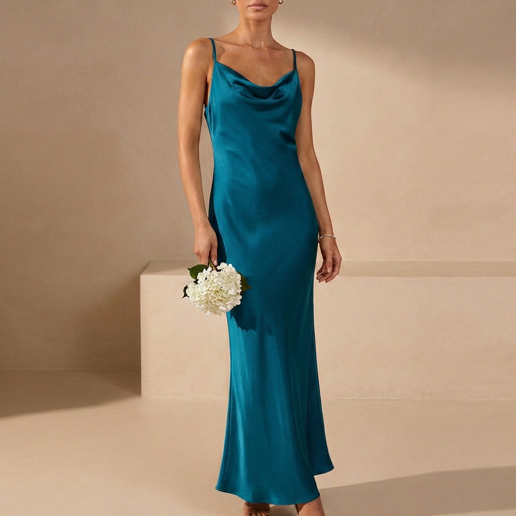 Bias-Cut Cowl Neck Maxi Dress with Delicate Spaghetti Straps