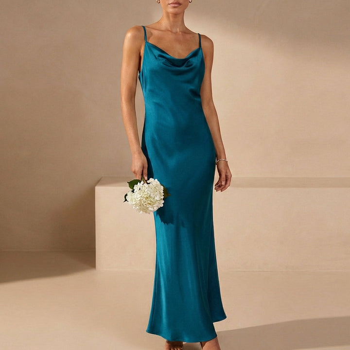 Bias-Cut Cowl Neck Maxi Dress with Delicate Spaghetti Straps