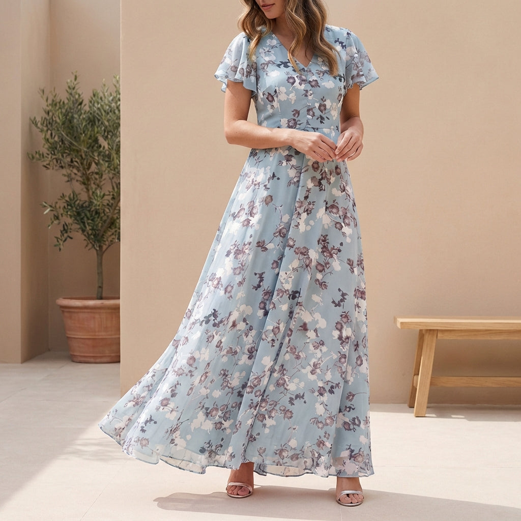 Chiffon A-Line Maxi Dress with V-Neck and Flutter Sleeves for Special Occasions