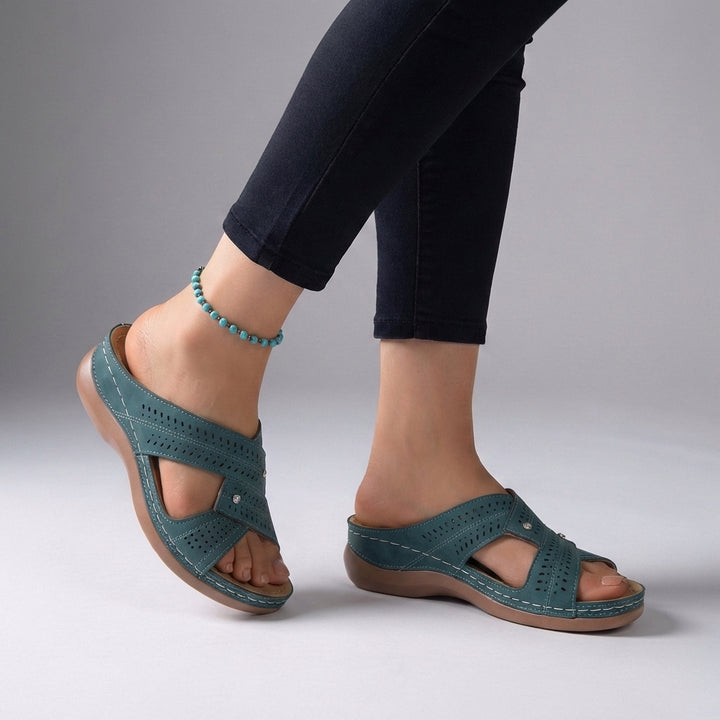 Elegant Slip-On Wedge Sandals with Criss-Cross Straps and Rhinestone Accents