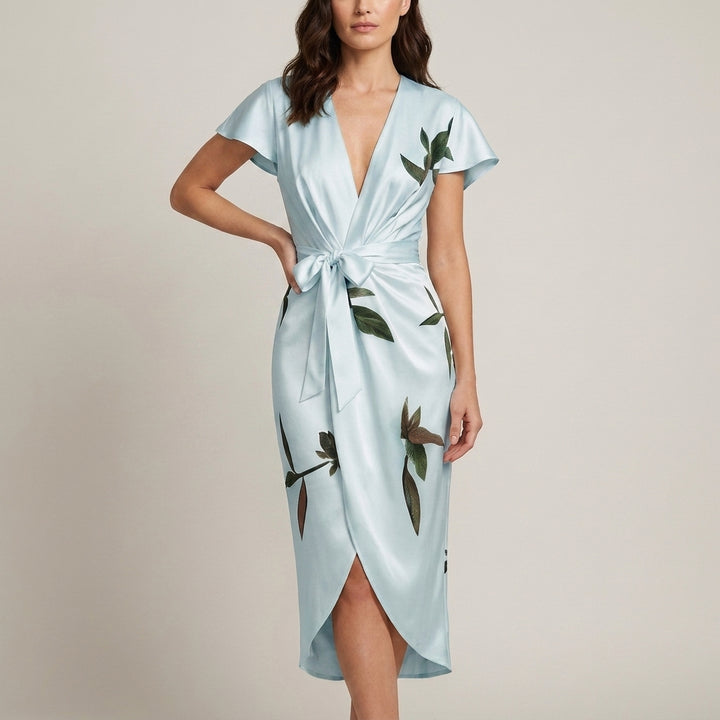 Floral Print Wrap Midi Dress with Tie Waist and Tulip Hem