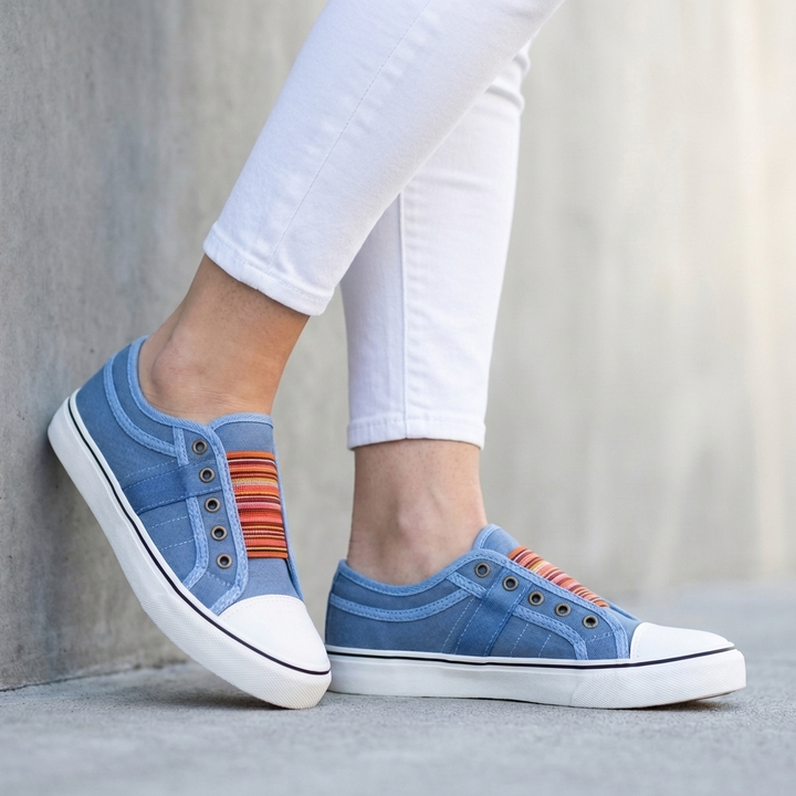 Striped Slip-On Canvas Sneakers with Contrast Toe Cap Detail