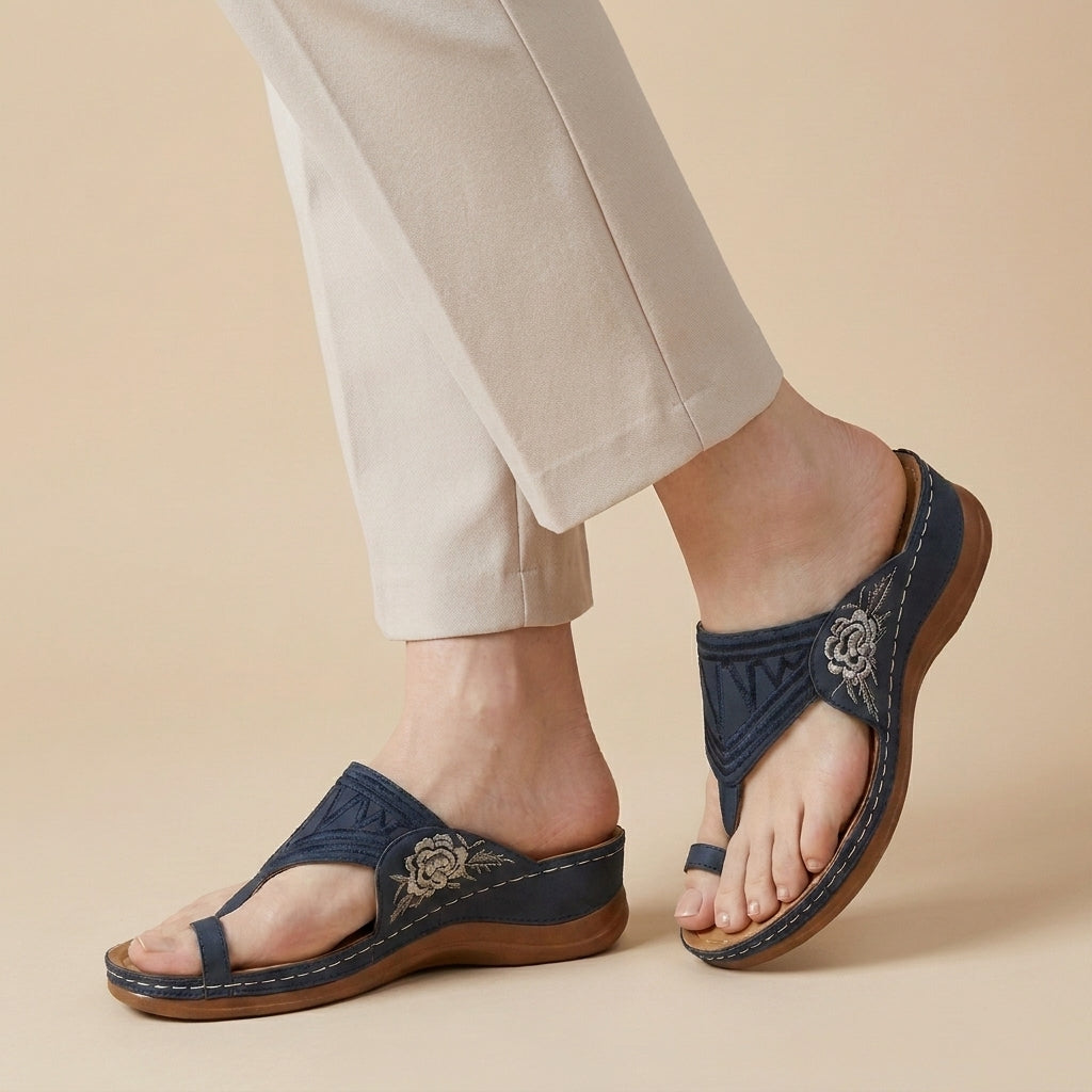 Embroidered T Strap Comfort Sandals with Supportive Wedge Sole