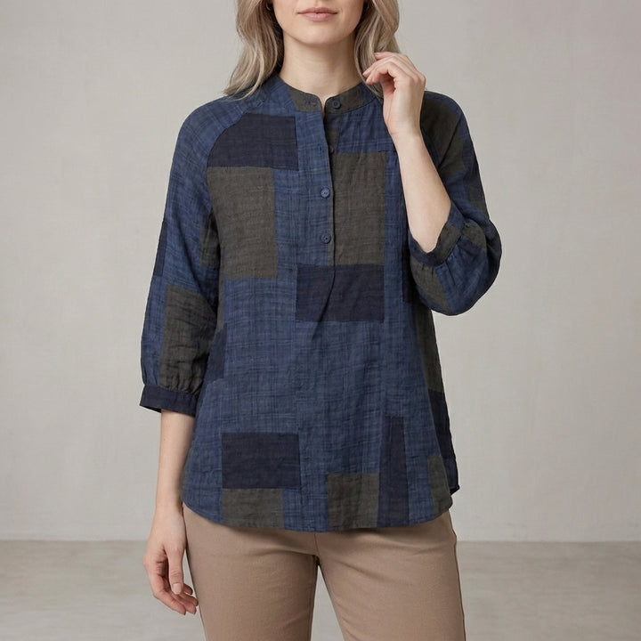 Relaxed Patchwork Print Blouse with Mandarin Collar and Button Front