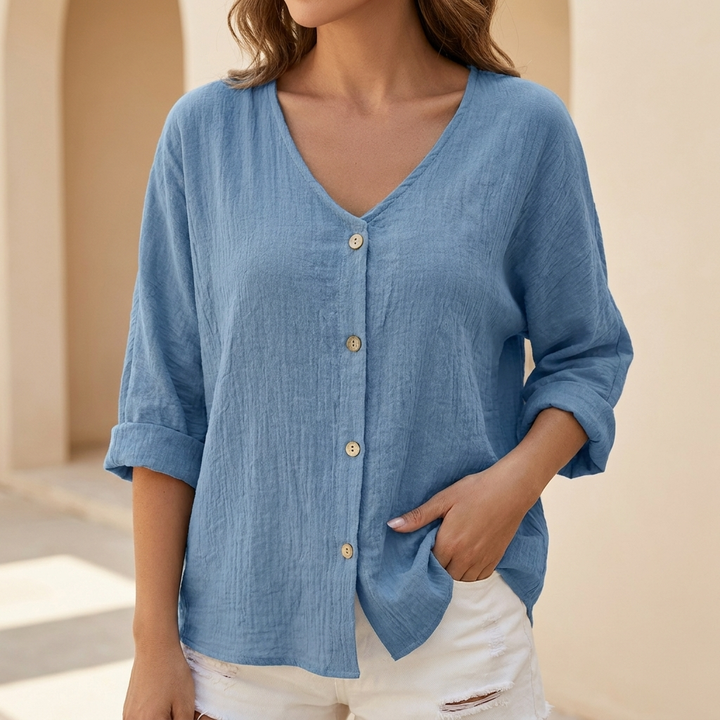 Relaxed V Neck Button Front Blouse with Rolled Three Quarter Sleeves