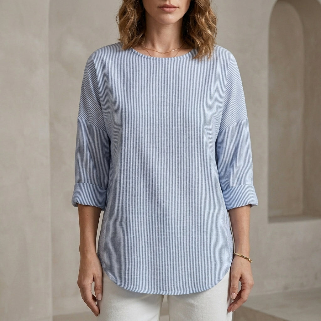 Relaxed Textured Blouse with Rolled Sleeves and Curved Hemline