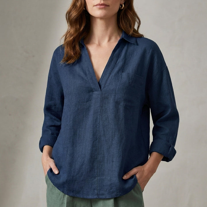 Relaxed Fit Blouse with Soft V Neck and Pocket Detail