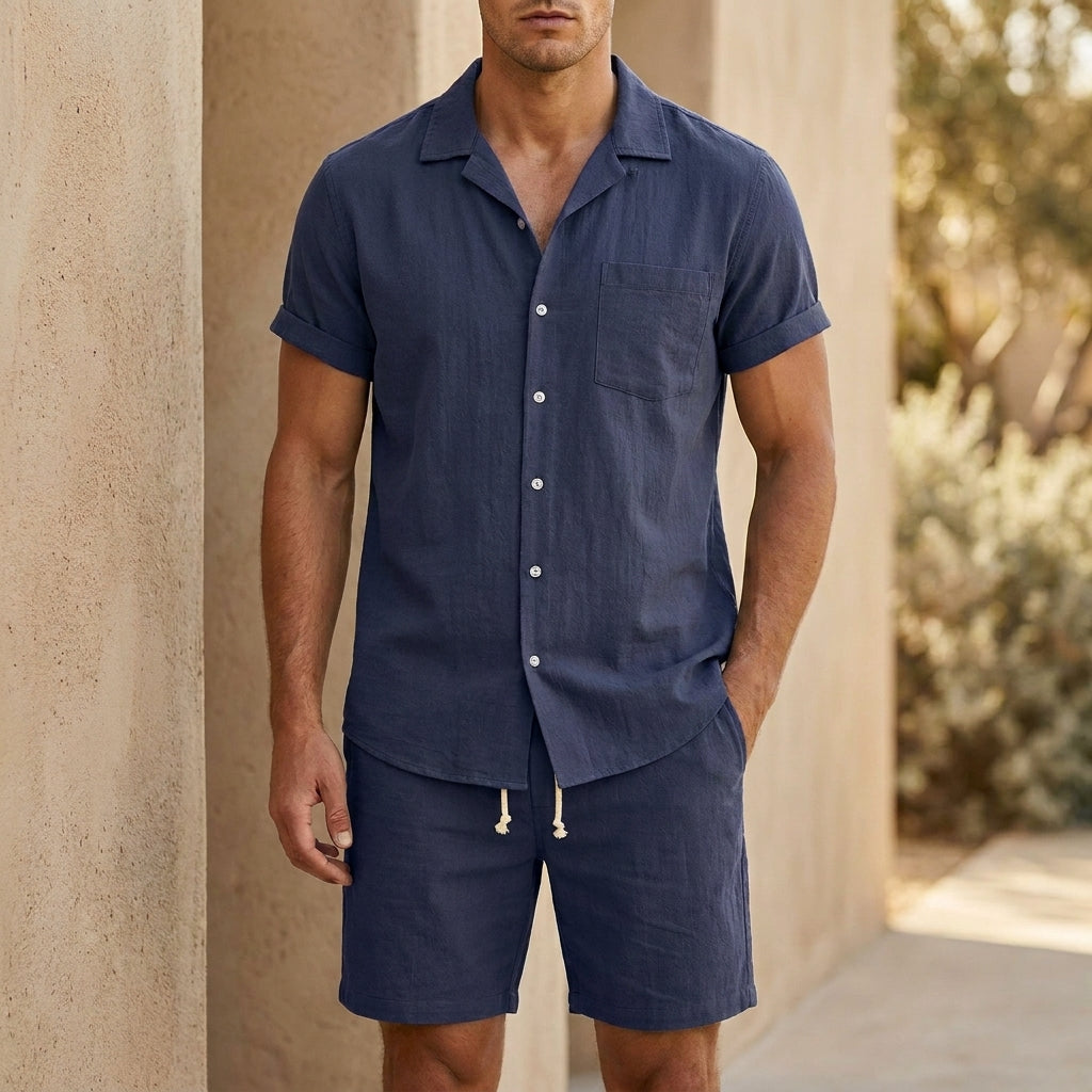 Relaxed Fit Two-Piece Set with Lapel Collar and Drawstring Shorts
