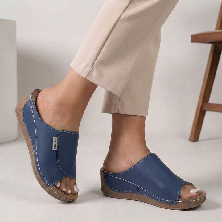Open-Toe Wedge Sandals with Contrast Stitching