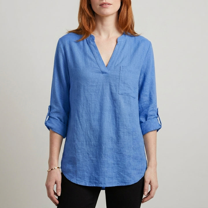Relaxed V Neck Tunic Blouse with Roll Tab Sleeves