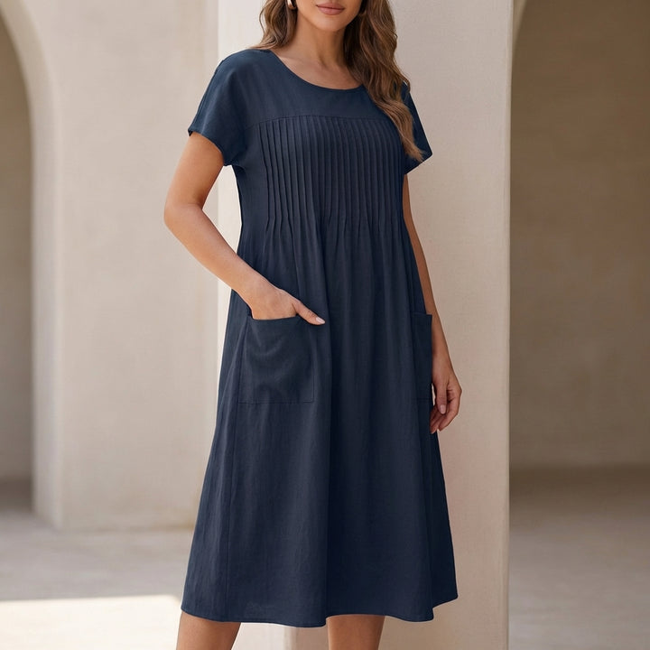 Pleated Front Maxi Dress with Relaxed Silhouette and Patch Pockets