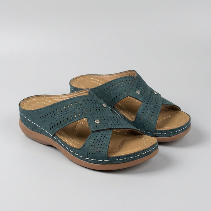 Elegant Slip-On Wedge Sandals with Criss-Cross Straps and Rhinestone Accents