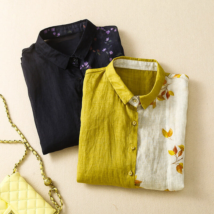 Floral Colorblock Linen Blend Button-Up Shirt with Relaxed Silhouette