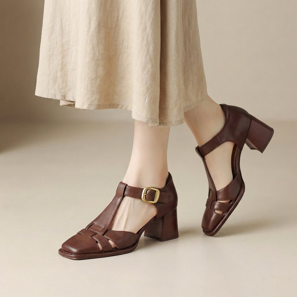 Classic T Strap Block Heel Pumps with Woven Vamp Detail