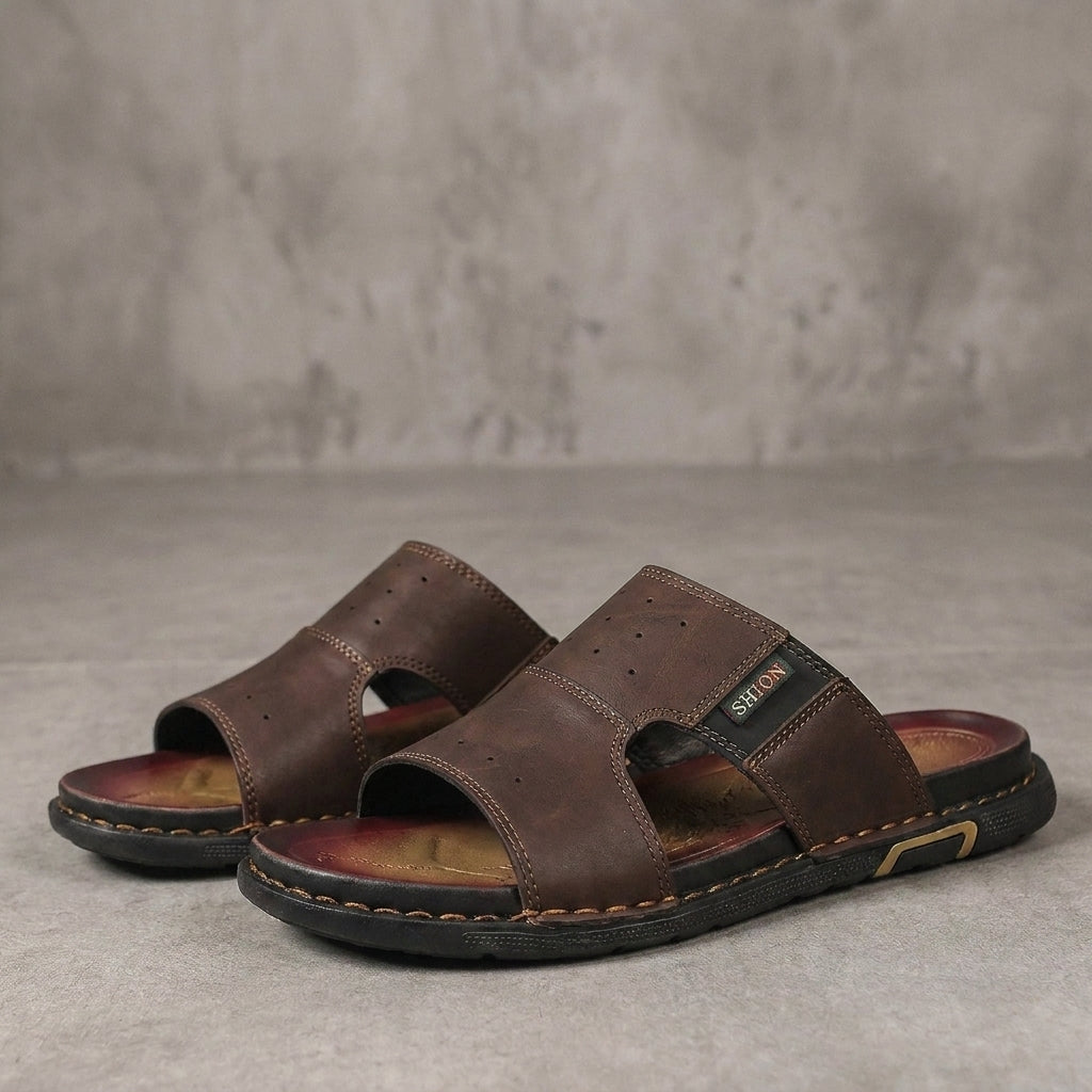 Classic Cross Strap Slide Sandals with Contrast Stitch Detailing
