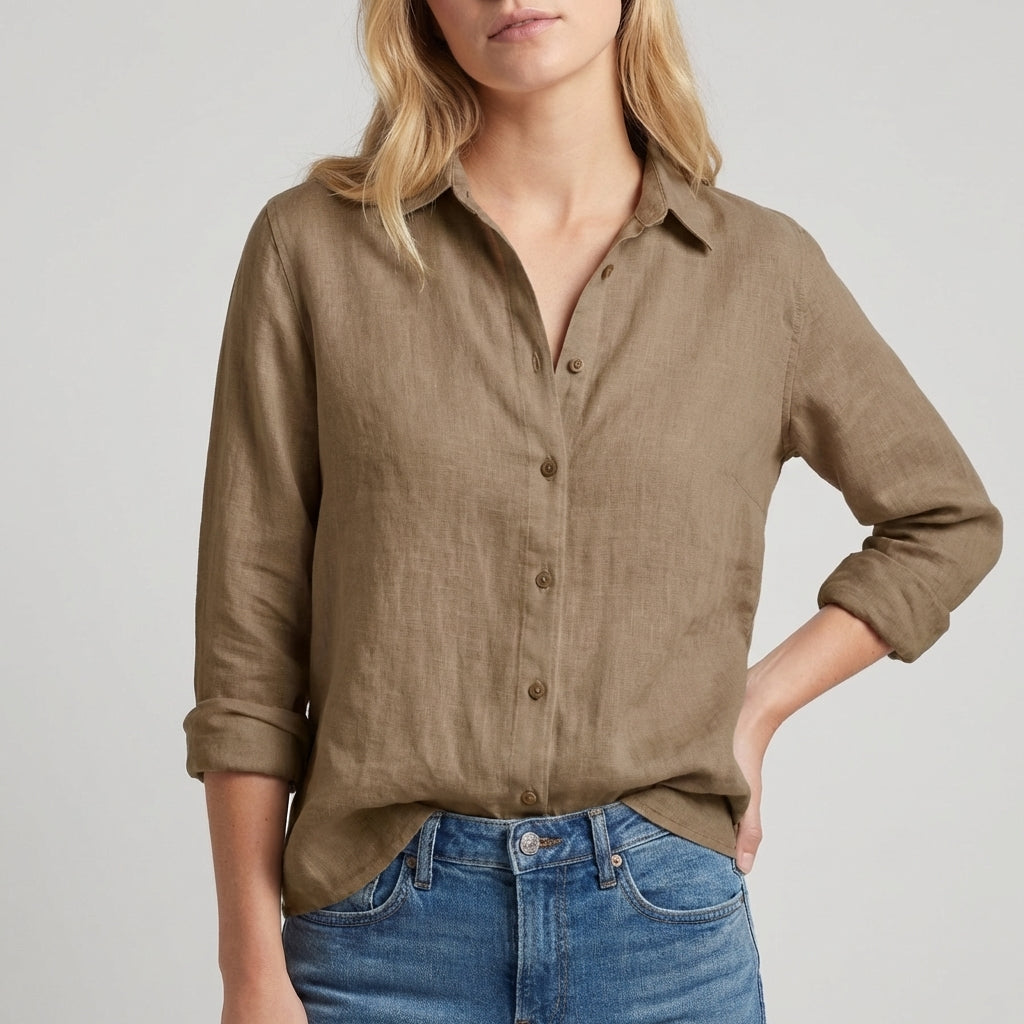 Relaxed Button-Up Blouse with Soft Collar and Rolled Sleeves