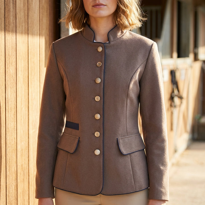 Tailored Blazer with Stand-Up Collar and Contrasting Trim