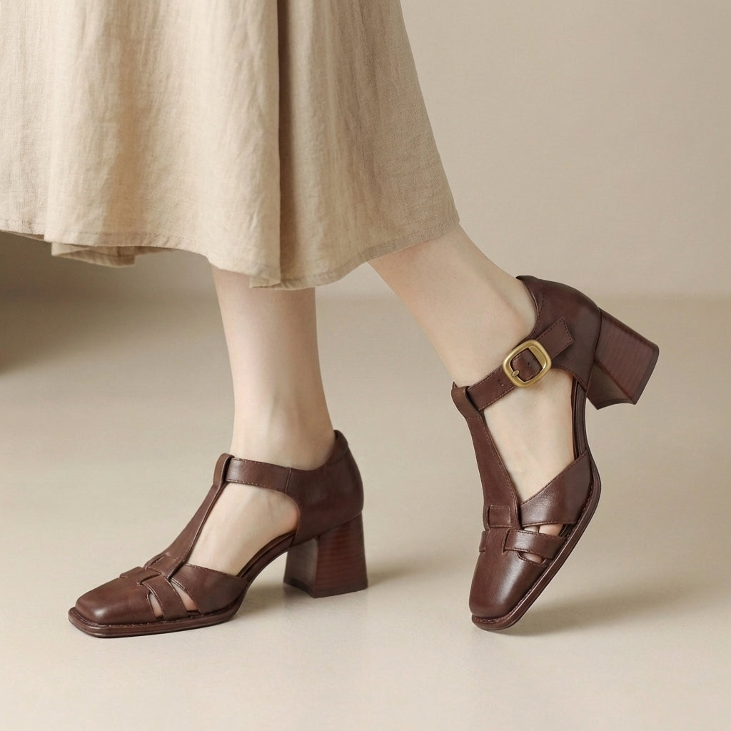 Classic T Strap Block Heel Pumps with Woven Vamp Detail