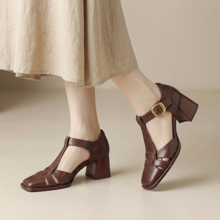 Classic T Strap Block Heel Pumps with Woven Vamp Detail