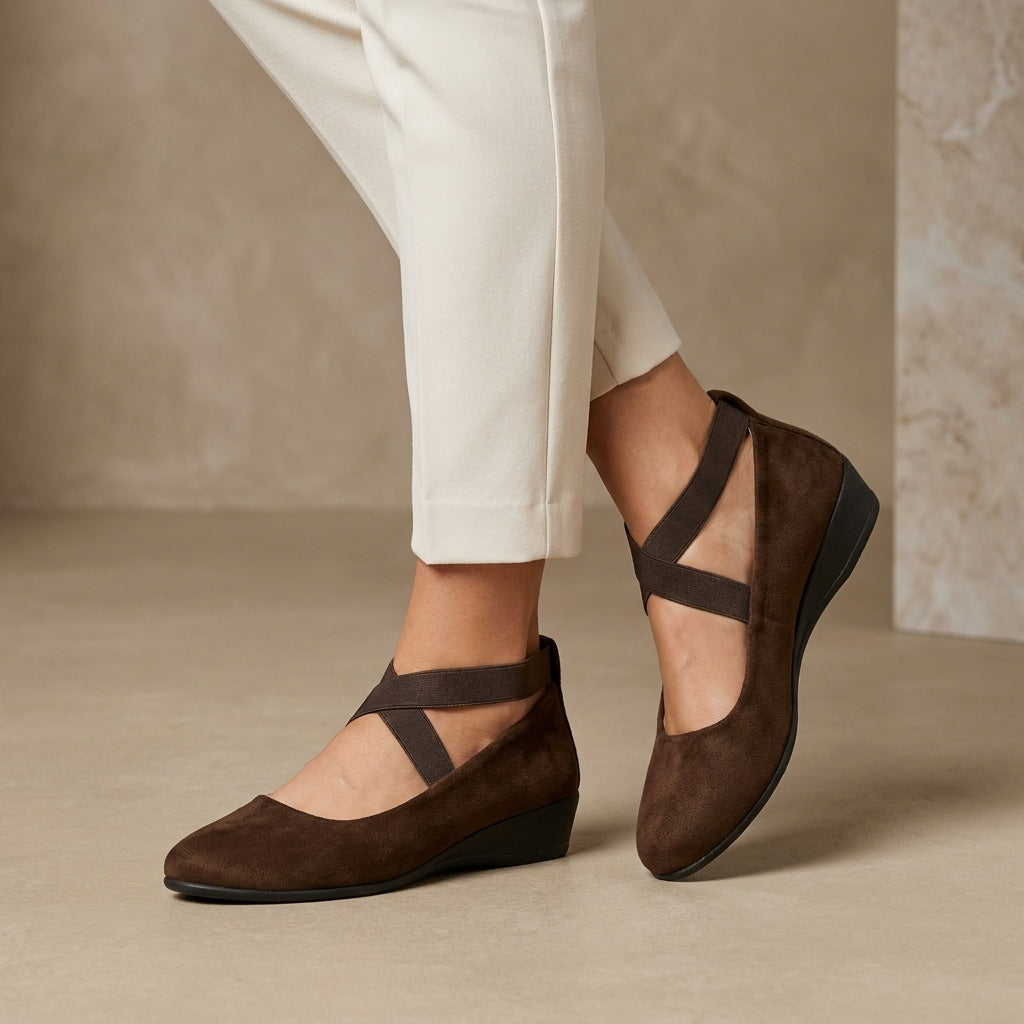 Comfort Ballet Flats with Cross Strap Detail and Low Wedge Heel