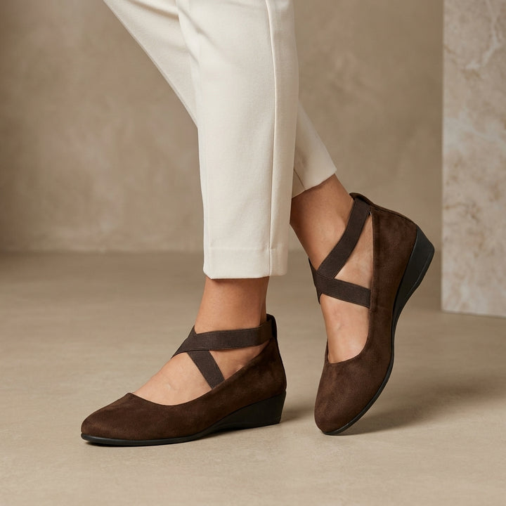 Comfort Ballet Flats with Cross Strap Detail and Low Wedge Heel