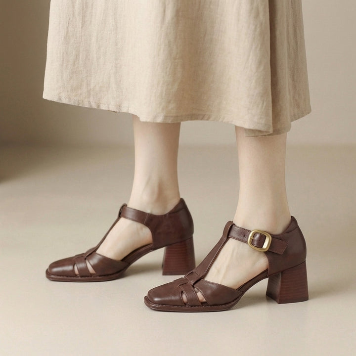 Classic T Strap Block Heel Pumps with Woven Vamp Detail