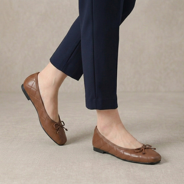 Quilted Ballet Flats with Square Toe and Delicate Bow Detail
