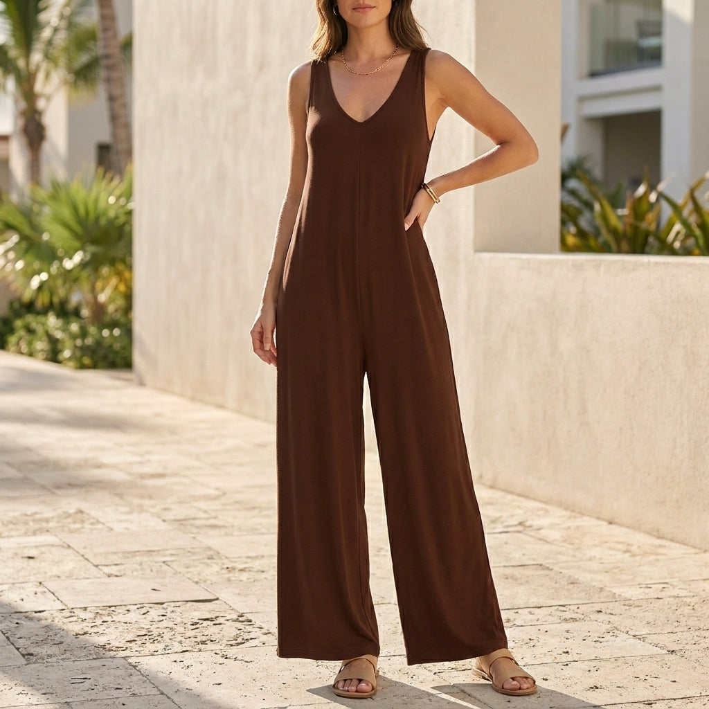 Flowing Sleeveless Wide Leg Jumpsuit with Scoop Neck and Pockets