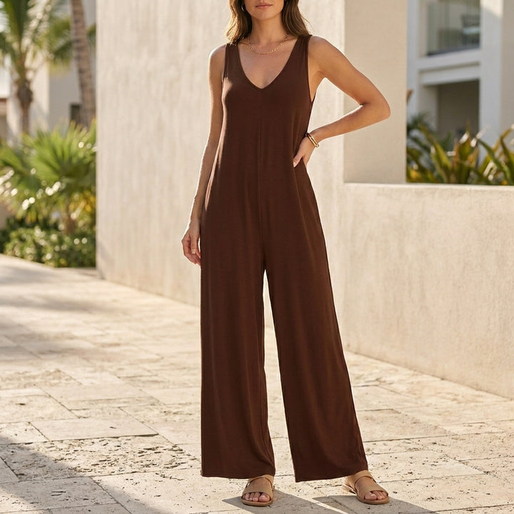Flowing Sleeveless Wide Leg Jumpsuit with Scoop Neck and Pockets