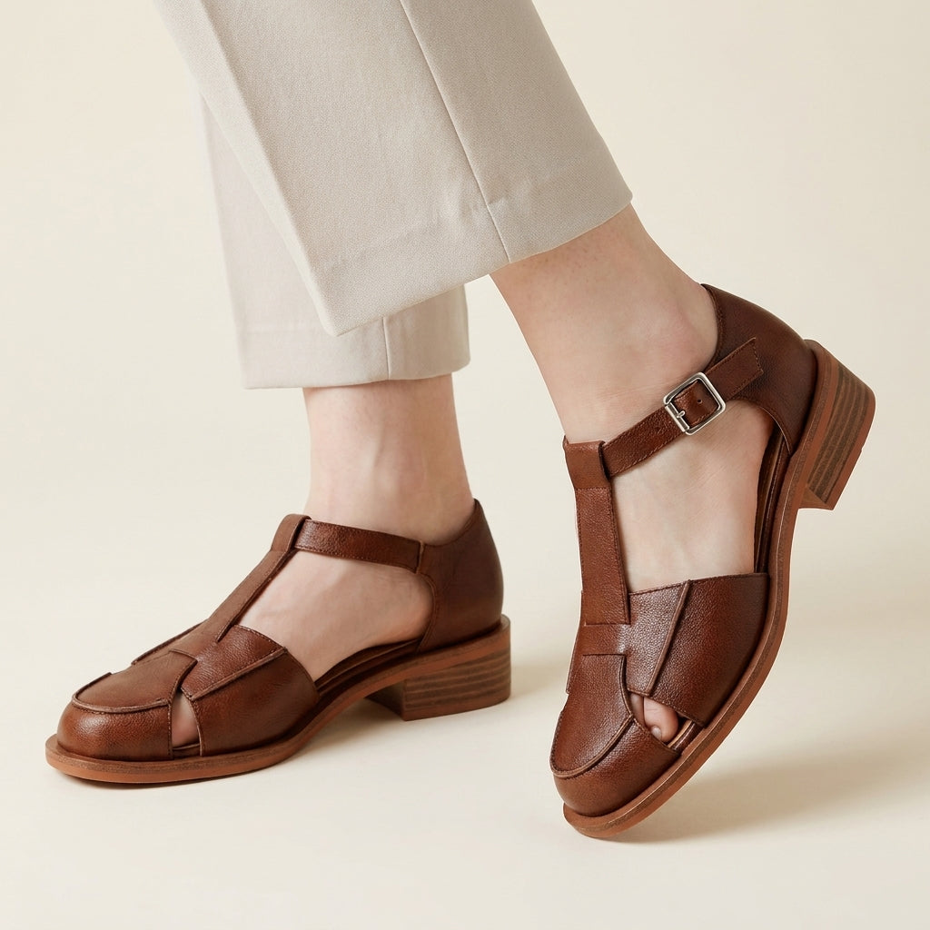 Vintage T Strap Buckled Flats with Cutout Detail