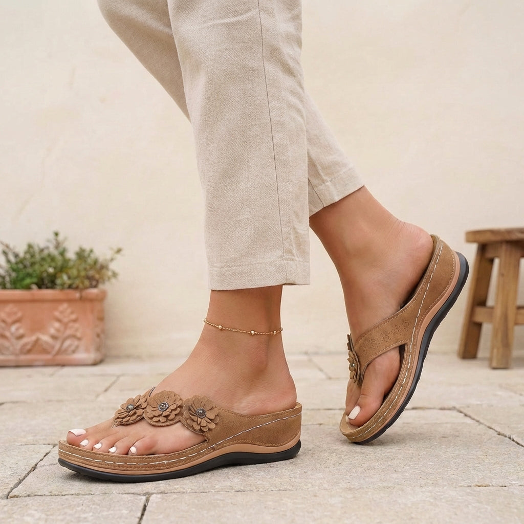 Elegant Wedge Thong Sandals with Floral Appliqués and Cushioned Footbed
