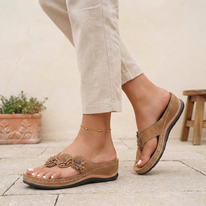 Elegant Wedge Thong Sandals with Floral Appliqués and Cushioned Footbed