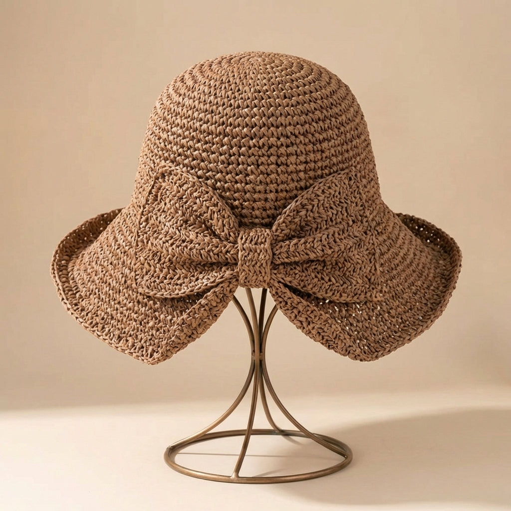 Crocheted Woven Sun Hat with Downturned Brim and Bow Detail