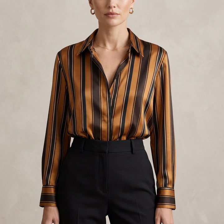 Satin-Finish Relaxed Fit Striped Collared Blouse with V-Neckline