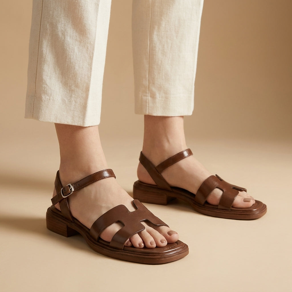 Ankle-Strap Flat Sandals with H-Shaped Vamp and Low Block Heel