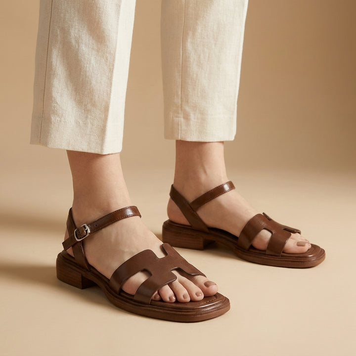 Ankle-Strap Flat Sandals with H-Shaped Vamp and Low Block Heel