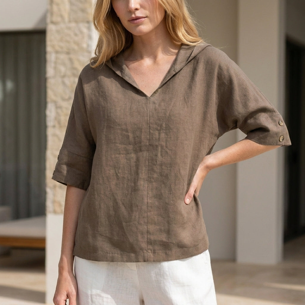 Relaxed Linen Blend Blouse with Soft Open Collar Neckline
