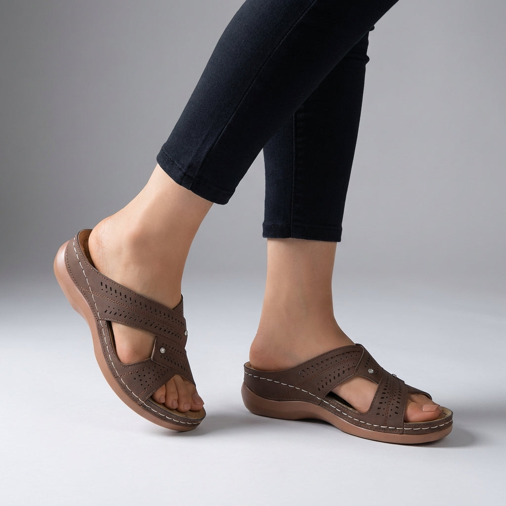 Elegant Slip-On Wedge Sandals with Criss-Cross Straps and Rhinestone Accents