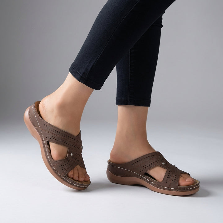 Elegant Slip-On Wedge Sandals with Criss-Cross Straps and Rhinestone Accents