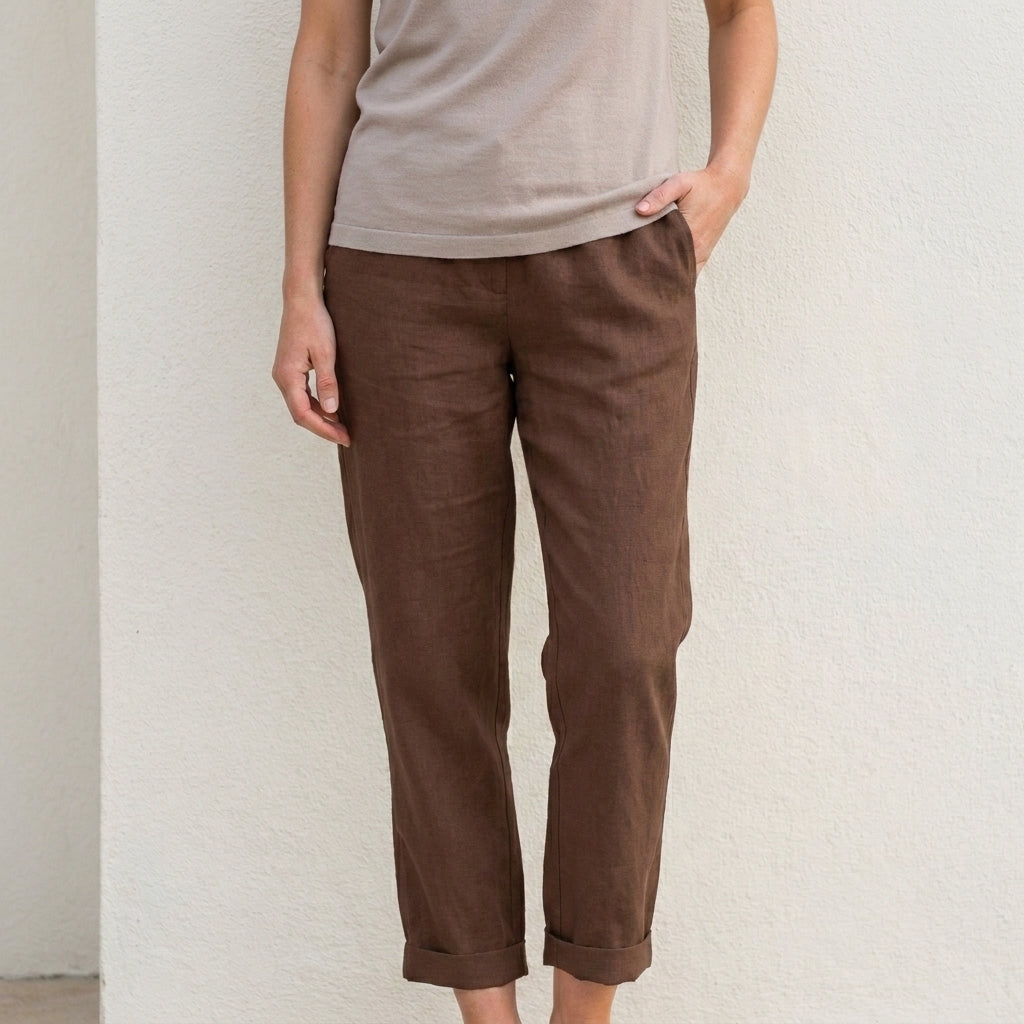 Relaxed Cropped Straight Leg Trousers with Turn Up Hem and Pockets