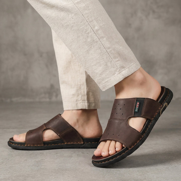 Classic Cross Strap Slide Sandals with Contrast Stitch Detailing