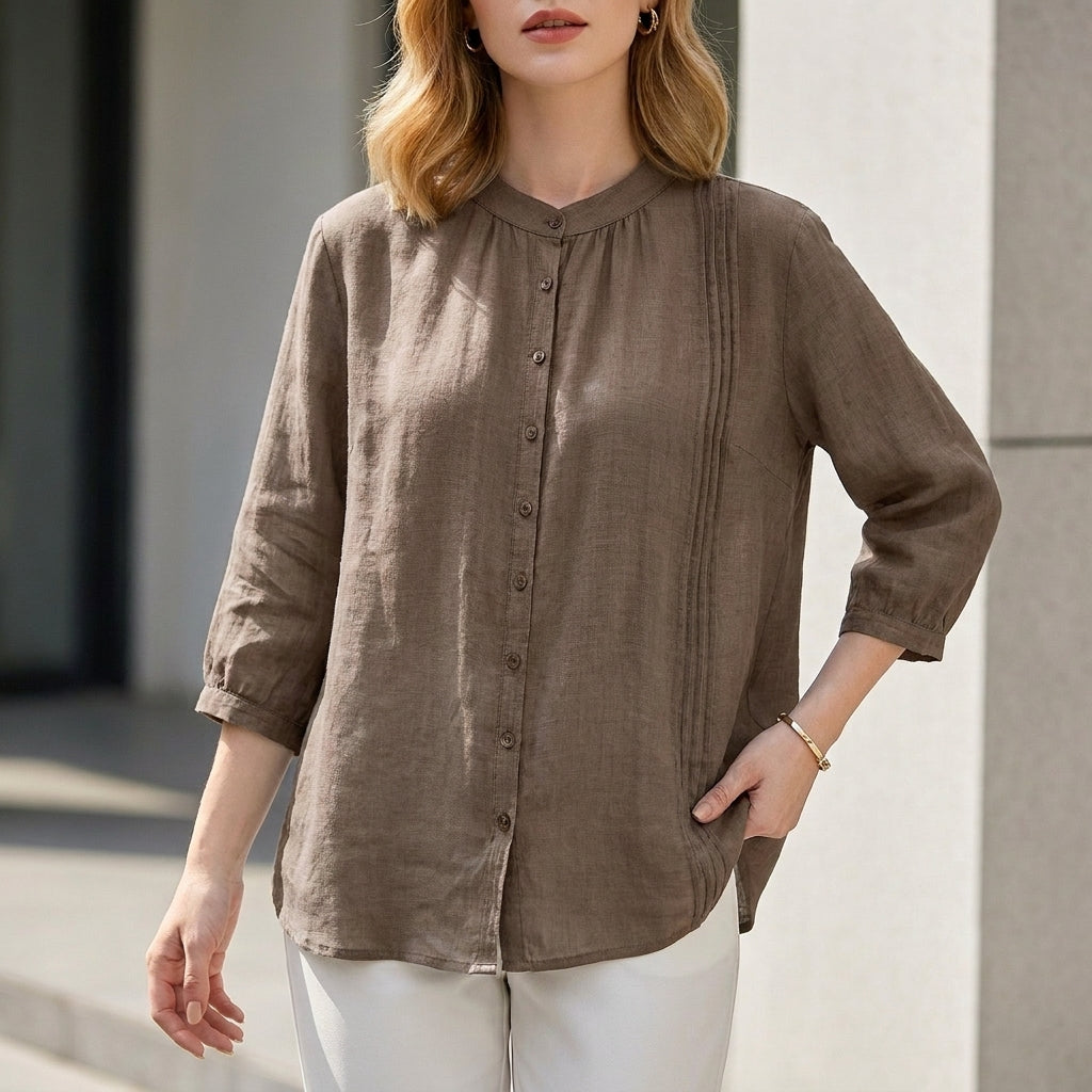 Relaxed Fit Blouse with Pintuck and Band Collar