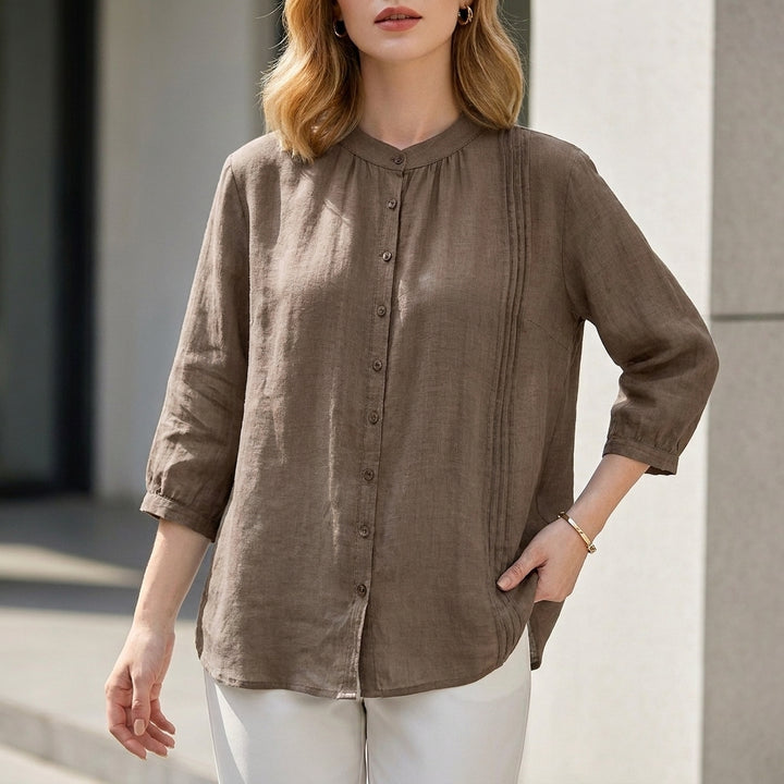 Relaxed Fit Blouse with Pintuck and Band Collar