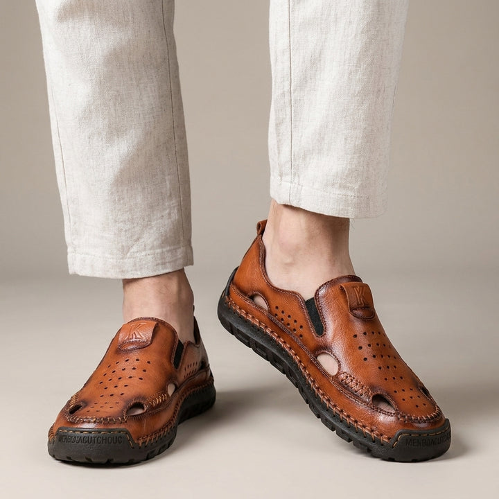 Perforated Leather Slip On Loafers with Handcrafted Stitch Detailing