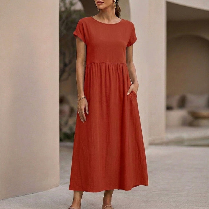 Relaxed-Fit Midi Dress with Gathered Waist and Pockets
