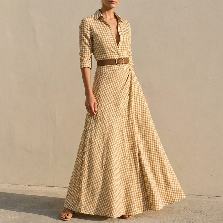 Checkered Maxi Dress with Collared Neckline and Tailored Waist