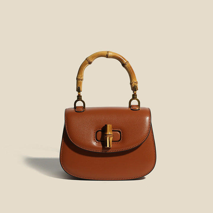 Bamboo Handle Structured Crossbody Satchel with Signature Turn Lock