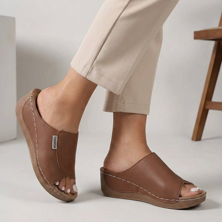 Open-Toe Wedge Sandals with Contrast Stitching