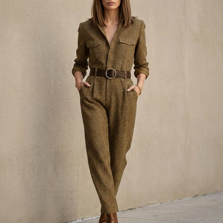 Tailored Belted Utility Jumpsuit with Refined Check Pattern