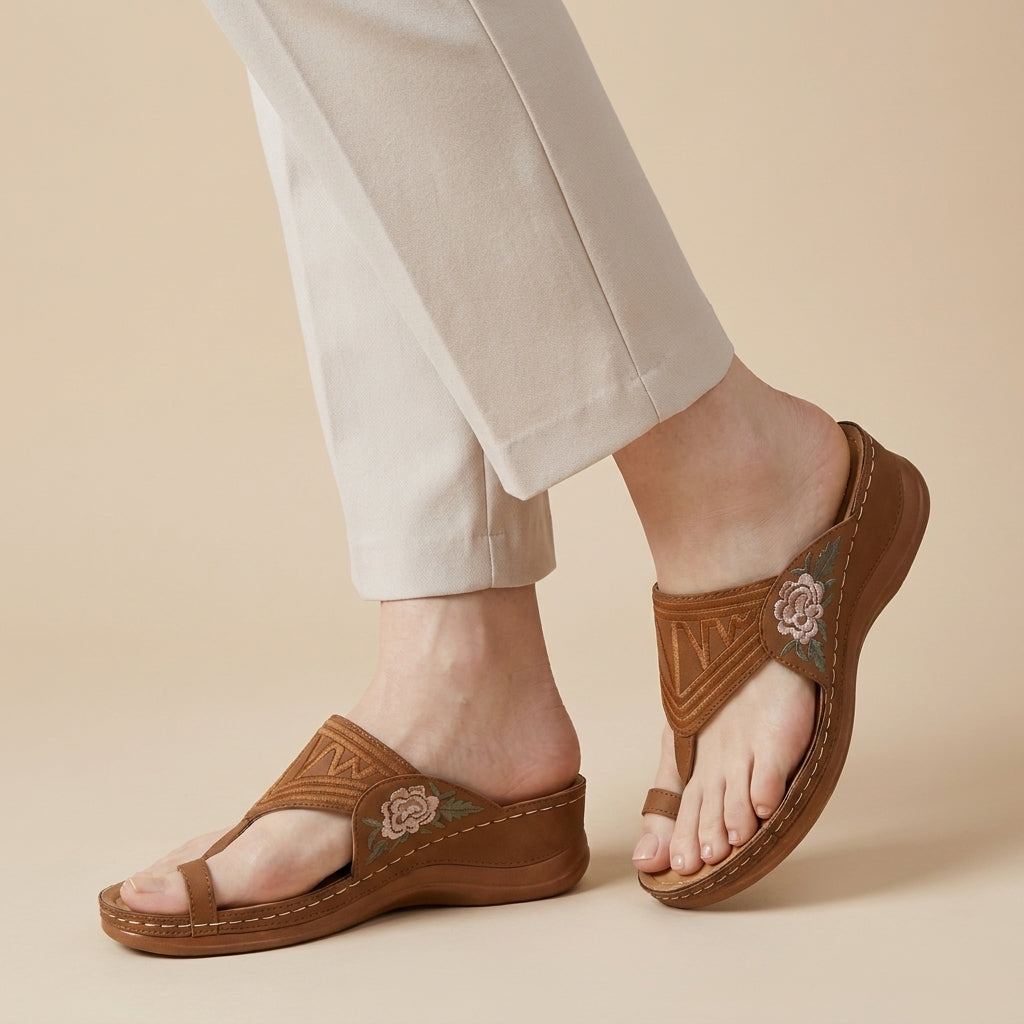 Embroidered T Strap Comfort Sandals with Supportive Wedge Sole